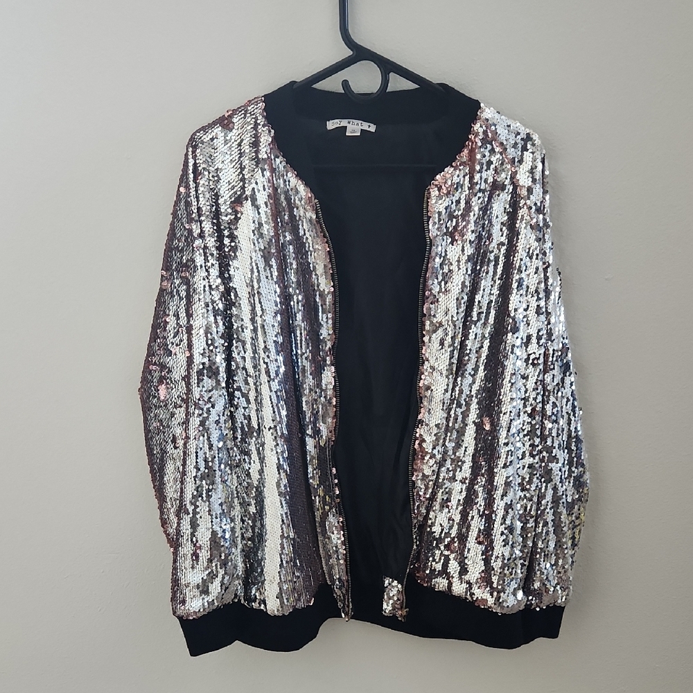 Say What Shimmering Silver and Black Sequin Bomber Jacket